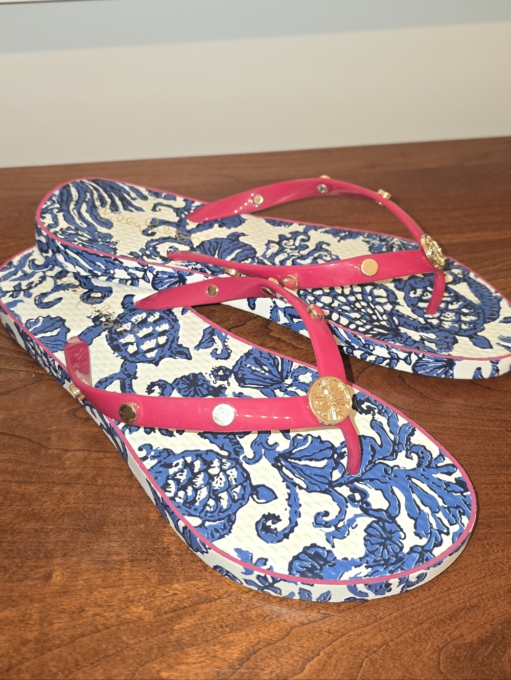 Lilly Pulitzer Pink Strappy Sandals with Blue Floral Footbed
